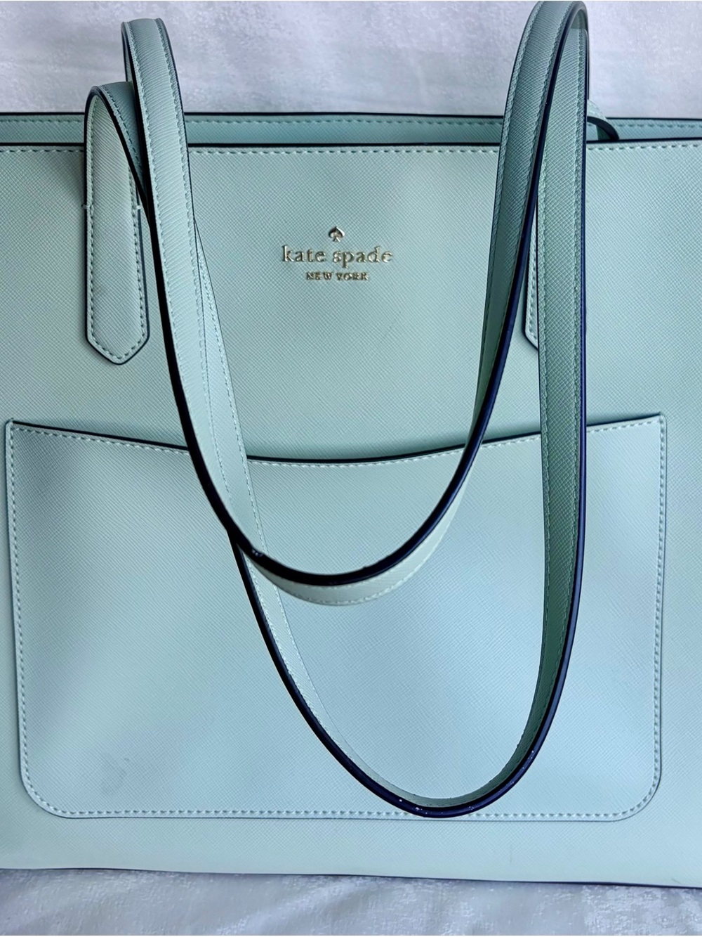 Kate Spade pale mint leather tote with front pocket and clutch (never worn)